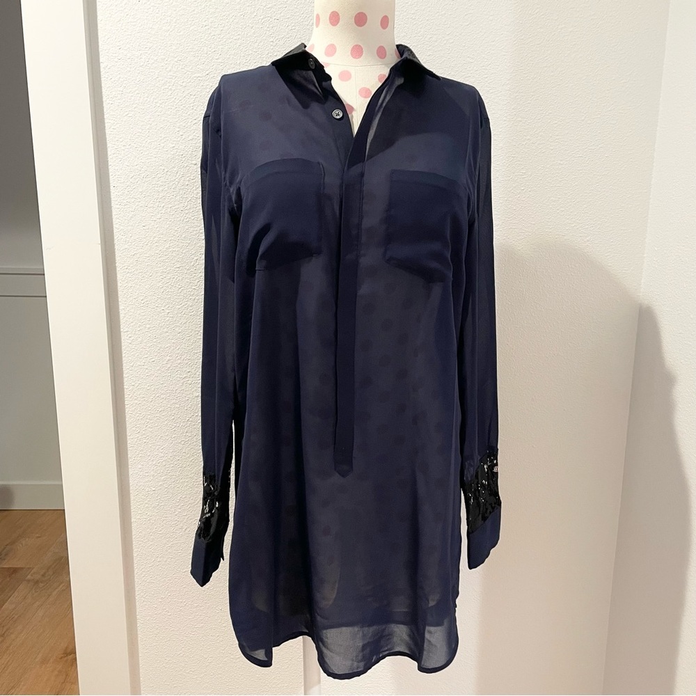 izzue sheer lace tunic blouse women’s medium navy blue black button up